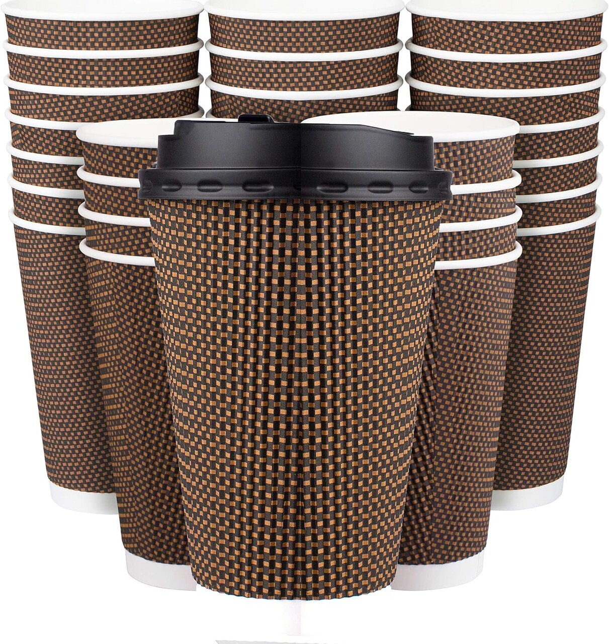 Brown Disposable Coffee Cups With Lids 16 oz, Premium Insulated Paper Ripple Cups for Hot Coffee (80 Pack)